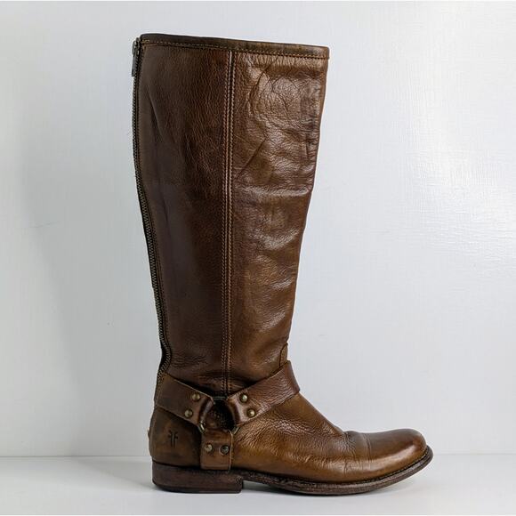 Frye Phillip Harness Brown Leather Tall Boots 7.5 Equestrian Western Boho - Picture 9 of 16